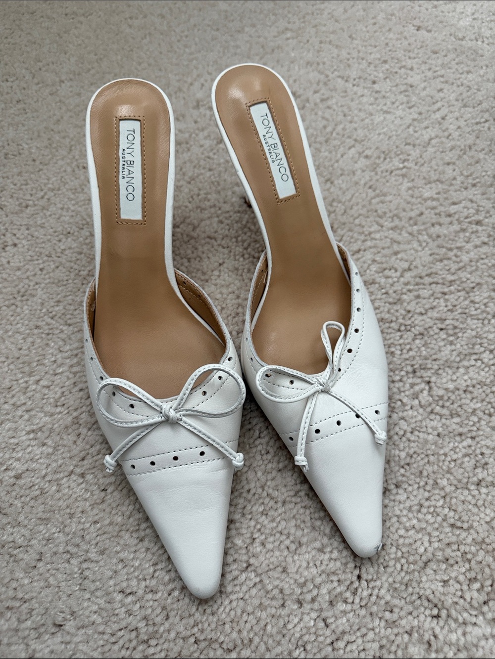 Tony Bianco White Pointed Bow Slip-On Mules
